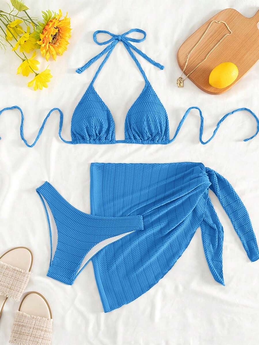 Swim Mod 女款夏季海灘純色掛脖綁帶性感比基尼泳衣套裝,附遮罩裙,藍色兩件式比基尼套裝,女款海灘度假穿搭套裝 - 藍色 - 查看 1