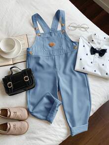 男童休闲舒适百搭可爱小熊图案背带裤 - 霧霾藍 - 查看 6