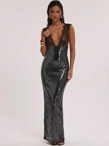 SHEIN BAE Women's Contrast Lace Deep V Neck Sequin Bodycon Sleeveless Dress,Spring, Summer Dress,Spring Outfit Women ,Summer Outfit For Women, Valentine's Day,Valentine Outfits For Women ,Elegant ,Vacation Outfits Women ,Summer Holiday Outfits ,Casual,Beach Outfit For Women, - Black - View 6