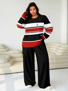 SHEIN EZwear Set da 2 pezzi per taglie comode: maglietta ampia a collo tondo e pantaloni a gamba dritta - Multicolore - Visualizzare 5