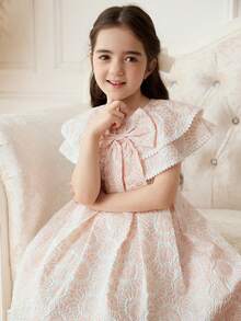 Elladie kids Đầm hè cao cấp kiểu Pháp mới cho bé gái, cổ Peter Pan hai lớp xếp nếp, trang trí nơ 3D, khóa kéo sau lưng, thắt eo, đầm công chúa bồng bềnh, thích hợp cho biểu diễn, bé gái dự tiệc cưới, tiệc tùng. - Hồng - Xem 1