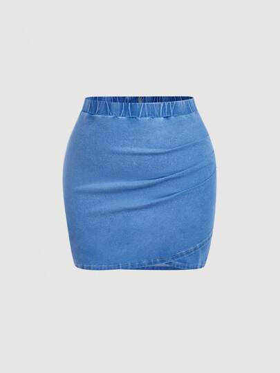 Sweetra Plus Size Fashionable Casual Versatile Fitted Elastic Waist Denim Mini Skirt