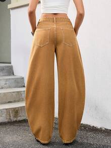 Jeanoix Y2K Low Waist Fashion Curved Pocket Washed Denim Jeans - Brown - View 2