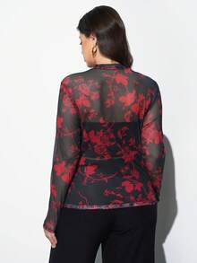 Maija 大码女士薄纱玫瑰花卉印花长袖修身衬衫，百搭实用，适合都市通勤、商务场合、休闲、夏季、约会之夜等各种场合，尽显优雅气质。 - 彩色 - 查看 2