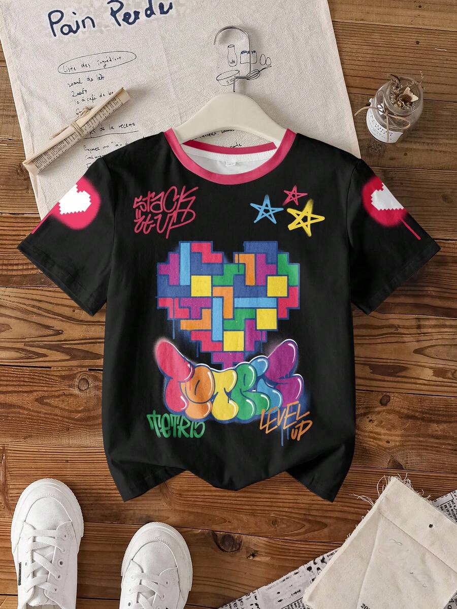 Tetris™ X SHEIN 少女休闲日常通勤时尚街头风爱心字母图案短袖T恤，夏季 - 白色 - 查看 1