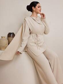 Graceveil 女士新款优雅端庄通勤日常套装，垂坠式缎带可拆卸腰带不对称下摆阿拉伯风格套装 - 卡其色 - 查看 7