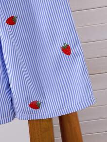 2pcs Baby Girls' Blue & White Striped Sleeveless Top With Embroidered Strawberry And Straight Leg Pants Set, Summer Children Countryside Cute Vacation Outfit - Blue - View 8