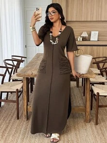 Weeklong Plus Size Women V-Neck Striped Dual Pocket Ruched Slit Hem Casual Knit Dress, Spring/Summer - Coffee Brown - View 7