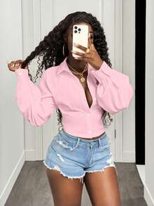 BamGleam 纯色衬衫领露背系带性感露肩袖女式衬衫 - 粉色 - 查看 5