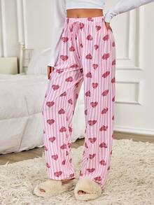 SHEIN WOMEN PLUS SIZE COTTON 2PCS FAKE DRAWSTRING DETAIL STRIPED HEART PATTERN LONG SLEEP PANTS HOMEWEAR SET - Multicolor - View 4