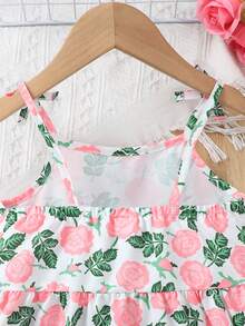 Elladie kids Robe mi-longue à bretelles fines avec imprimé floral élégant et confortable, décoration papillon, pour jeune fille - Rose bonbon - Voir 5