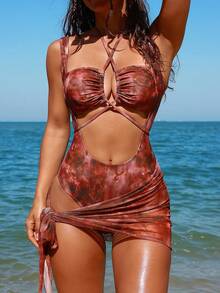 Swim SXY 两件套扎染交叉露背收腰奢华度假泳衣 - 鏽棕色 - 查看 7