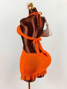 Amplova 女士交叉绑带露背金属配饰网纱拼接迷你连衣裙，性感前卫，适合度假、夏季度假等场合。 - 橘色 - 查看 1