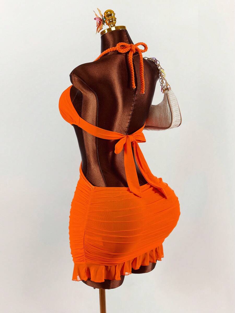 Amplova 女士交叉绑带露背金属配饰网纱拼接迷你连衣裙，性感前卫，适合度假、夏季度假等场合。 - 橘色 - 查看 1