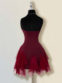 SHEIN ICON Vestido mini de mujer con parches de malla blanca y ballenas - Burdeos - Ver 7