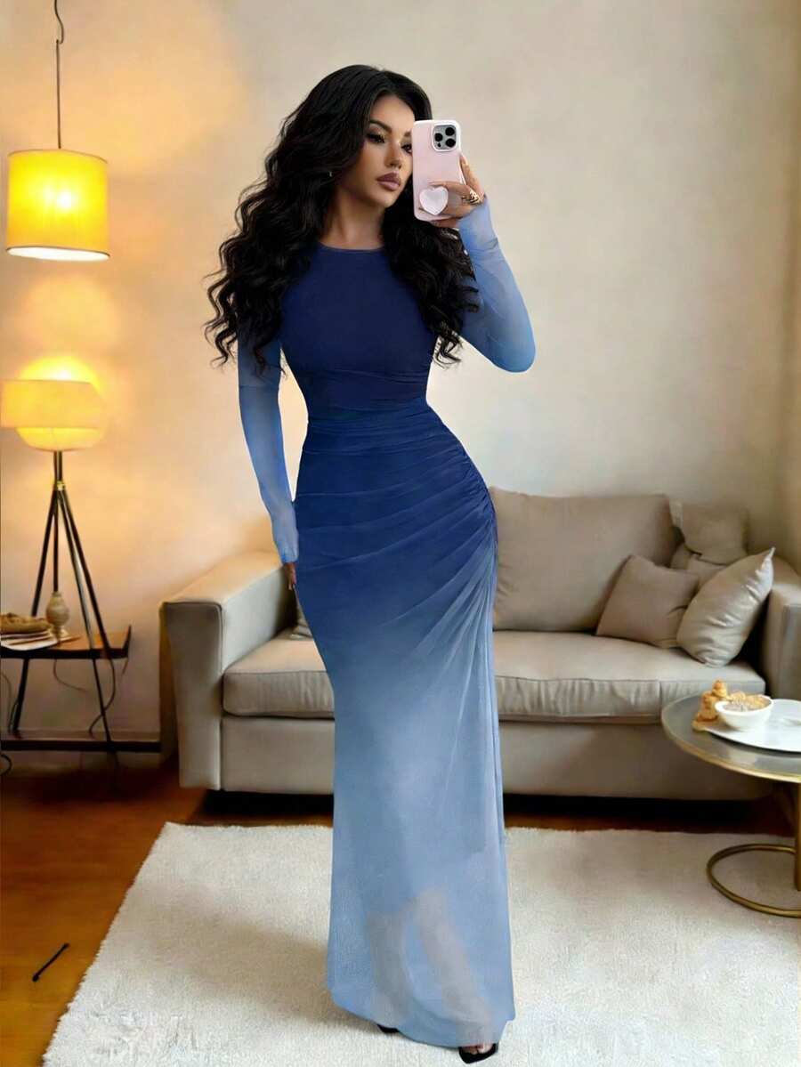 Rafferiza 女士透视网纱长袖渐变褶皱修身连衣裙，休闲日常沙滩装、居家服、办公服 - 藏蓝色 - 查看 1