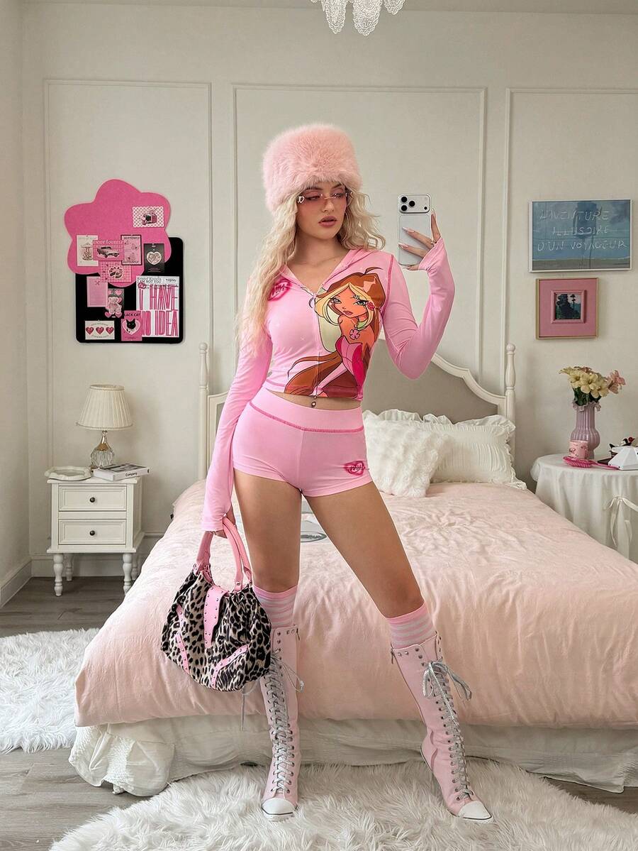 The Winx x SHEIN 女士Y2K休闲时尚街头卡通图案拉链连帽衫短裤套装，春夏秋季 - 粉色 - 查看 1