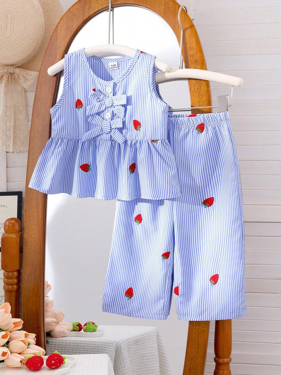 2pcs Baby Girls' Blue & White Striped Sleeveless Top With Embroidered Strawberry And Straight Leg Pants Set, Summer Children Countryside Cute Vacation Outfit - Blue - View 1