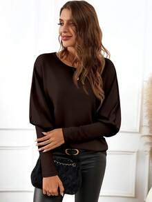 EMERY ROSE Women's Casual Minimalist Dark Brown Batwing Sleeve T-Shirt, Autumn - Multicolor - View 5