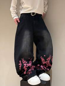 STEELVANCE 男士街头复古时尚小众百搭设计樱花刺绣宽松阔腿牛仔裤 - 黑色 - 查看 3