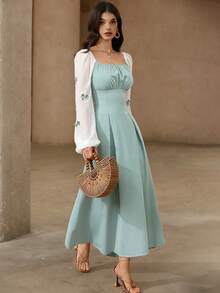 Rafferiza Đầm maxi nữ cổ vuông tay dài phối nơ, thích hợp cho hẹn hò, đi làm, du lịch, mặc hàng ngày, phong cách thanh lịch thường ngày, màu xanh lá cây, mùa xuân, dã ngoại. - Màu xanh Bạc hà - Xem 5