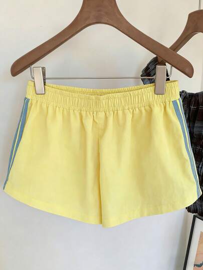 Comfortcana Quần short nữ dáng rộng, cạp chun, kẻ sọc, thích hợp cho mùa hè, mùa đông, Giáng sinh, năm mới, các hoạt động thể thao ngoài trời thường ngày, màu kem vàng kiểu Y2K.