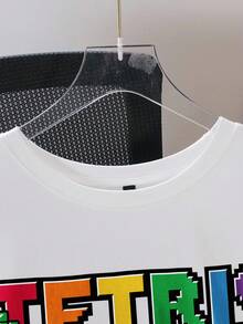 Tetris™ X SHEIN 男士休闲日常通勤百搭字母印花落肩宽松白色T恤，夏季 - 白色 - 查看 4