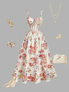 SHEIN MOD Đầm midi không tay dành cho nữ với họa tiết xương cá hoa. - Nhiều màu - Xem 4