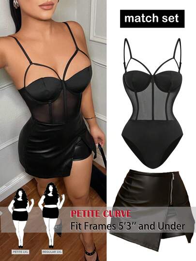SHEIN PETITE CURVE New Plus Size Women's Petite GirlsFashionable Sexy Mesh Patchwork Camisole Bodysuit, High-Quality Elastic Fabric.Makes You Look Slimmer , Petite Women Bodysuit ,Suitable For Petite Women.High-Waisted Makes You Look Slimmer And Your Legs Longer, Suitable For Petite Women.Suitable For All Seasons And Occasion,Suitable For Petite Girls& Women, Summer Tank Top,Summer Summer Tank Top Summer Outfits Summer Holiday Outfits Long Summer Tank Top For Women Spring Outfit ,Tank Top,Casual Tank Top,High-Waisted Slimming Tank Top For Summer,Elegant Women's Ceremony Bodysuit  ,Elegant Bodysuit  For Party,Elegant Bodysuit  For Ladies,Vacation Outfits Women,Holiday Outfits For Women,Summer Holiday Outfits,Summer Vacation Outfits,Carnival Carnival Costume Carnival Women Look 2026 2026 Carnival Women Carnival Clothes Carnival Costume Women