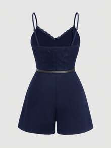 SHEIN MOD 大码女式印花蕾丝腰带吊带连体裤，优雅女式连体裤，V领蕾丝连体短裤，黑色连体裤 - 藏蓝色 - 查看 2