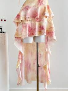 Sweetra 女士扎染面料性感简约浪漫不对称荷叶边下摆短前长后夏季度假连衣裙 - 粉色 - 查看 4