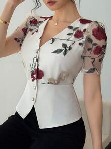 DAZY 女士印花V领衬衫，夏季，婚礼宾客礼服 - 杏色 - 查看 8