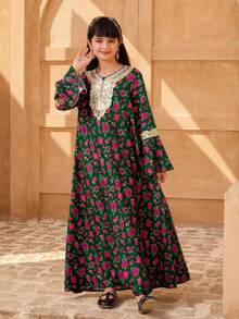 Vestido de manga larga con estampado floral para niñas preadolescentes, vestidos islámicos para niñas, vestido abaya para niñas - Verde Oscuro - Ver 7