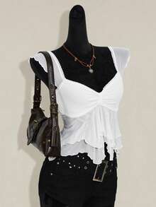 SHEIN ICON 女士褶皱前片修身性感网纱拼接短袖露背休闲度假短款背心 - 白色 - 查看 6