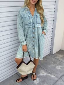 EMERY ROSE Mature Denim Vestido vaquero casual de mujer con cuello de muesca y botones frontales - Azul - Ver 1
