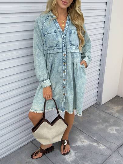 EMERY ROSE Vestido Denim Casual Feminino com Colarinho Entalhe e Botões na Frente