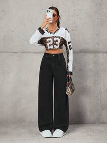 SHEIN Tall 女士时尚休闲直筒水洗牛仔裤 - 黑色 - 查看 6