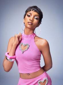 Y2Kool Y2K Rhinestone Crystal Hollow Heart Halter Knit Camisole For Women, Casual Street Style, Suitable For Spring/Summer, Party, Holiday, Valentine's Day, New Year, Daily Wear - Pink - View 6