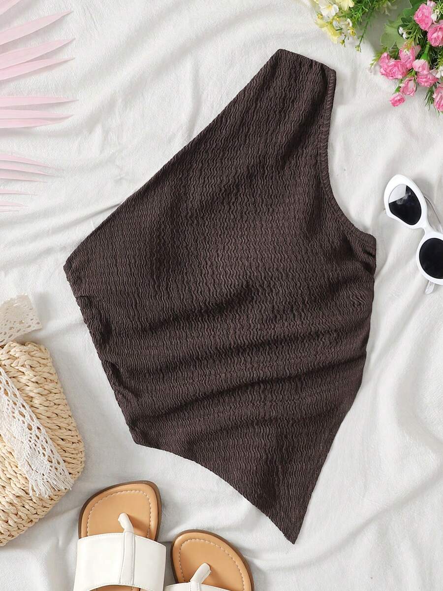 SHEIN Tween Girl Solid Color Asymmetric Neckline Casual Tank Top - Khaki - View 1