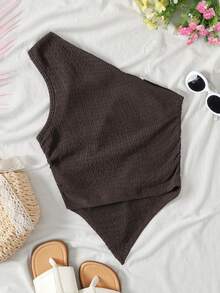 SHEIN Tween Girl Solid Color Asymmetric Neckline Casual Tank Top - Khaki - View 2