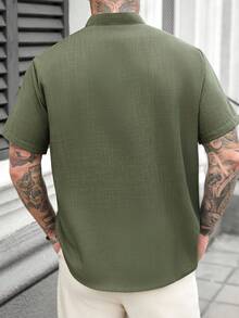 Manfinity CasualCool Men's Henley Shirts/Men's Buttoned Shirts/Stylish Men's Olive Green Mandarin Collar Shirt Quarter Button Placket Short Sleeve For Summer/Green Henley Button-Down Shirt, /Military Green Henley Collar Texture Short-Sleeved Shirt - Green - View 2