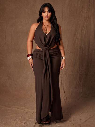 Rustia Plus Size Halter Metal Buckle Skirt Two Pieces Set