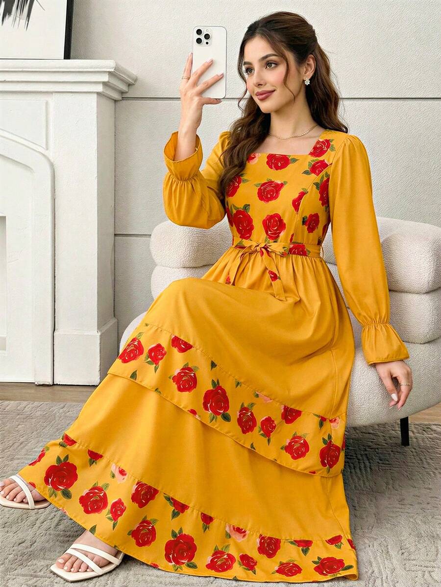 SHEIN Teen GirlRose Print Dress, Square Neck Design, Sweet Flare Sleeves, Flowy Skirt Decor, Suitable For Vacation, Outings And All-Year-Round Wear - Yellow - View 1