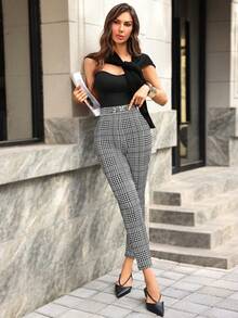 Editum 女士新款优雅高腰显瘦格子针织弹力修身口袋裤，适合工作及多种场合穿着 - 黑與白 - 查看 8