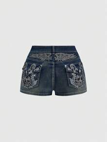 ROMWE Avant Quần short denim siêu ngắn dành cho nữ cỡ lớn, thêu hình đầu lâu và cánh chim theo phong cách Y2K cổ điển. - Màu xanh lam - Xem 2