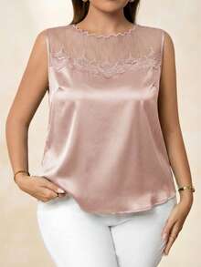 Chikora Plus Size Fashionable Elegant Mesh Patchwork Sleeveless Tank Top, Summer Tops - Pink - View 4