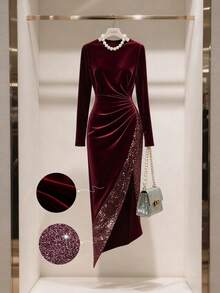 GlowEve Petite 女士天鹅绒修身收腰优雅日常通勤时尚法式街头复古百搭圣诞派对新年假日商务酒红色长袖连衣裙，秋冬款 - 酒紅色 - 查看 1