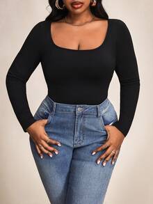 Truni Plus Ribbed Knit Bodysuit Spring Clothes, For Winter, For Pear & Triangle Body Shape - Black - View 5