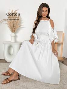 Easowa Đầm midi dáng chữ A trễ vai, khoét lỗ, xếp ly, phối bèo nhún, thắt eo, dây rút, kiểu dáng rộng rãi, thanh lịch, phù hợp cho công sở và đi nghỉ mát, mùa xuân/hè. - trắng - Xem 3