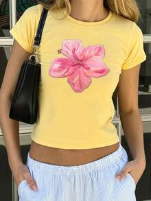 2026 Women's Crew Neck Floral Print Fitted T-Shirt - Yellow - View 3